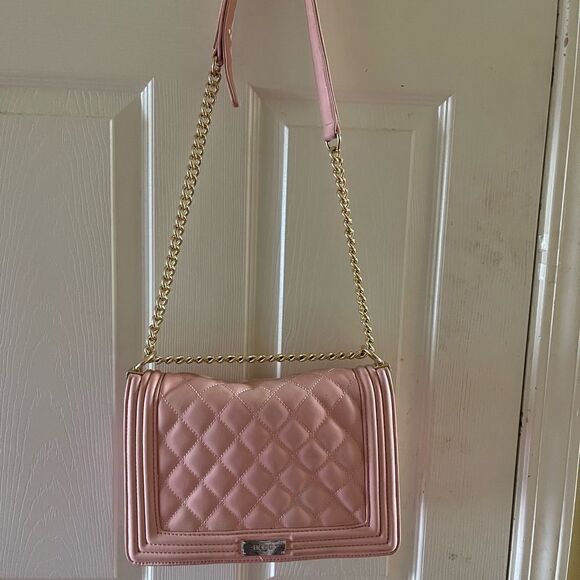 synthetic pink quilted shoulder/crossbody bag gold tone chain & accents - Picture 7 of 15
